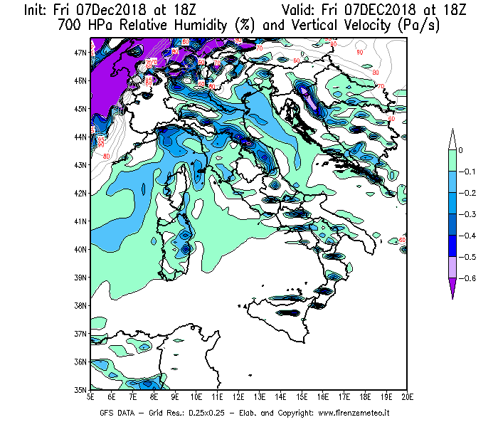 Mappa di analisi GFS - Umidità relativa [%] e Omega [Pa/s] a 700 hPa in Italia
							del 07/12/2018 18 <!--googleoff: index-->UTC<!--googleon: index-->