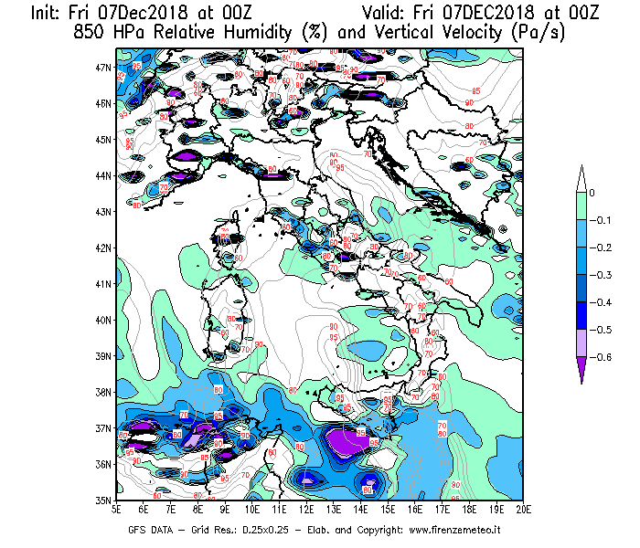 Mappa di analisi GFS - Umidità relativa [%] e Omega [Pa/s] a 850 hPa in Italia
							del 07/12/2018 00 <!--googleoff: index-->UTC<!--googleon: index-->