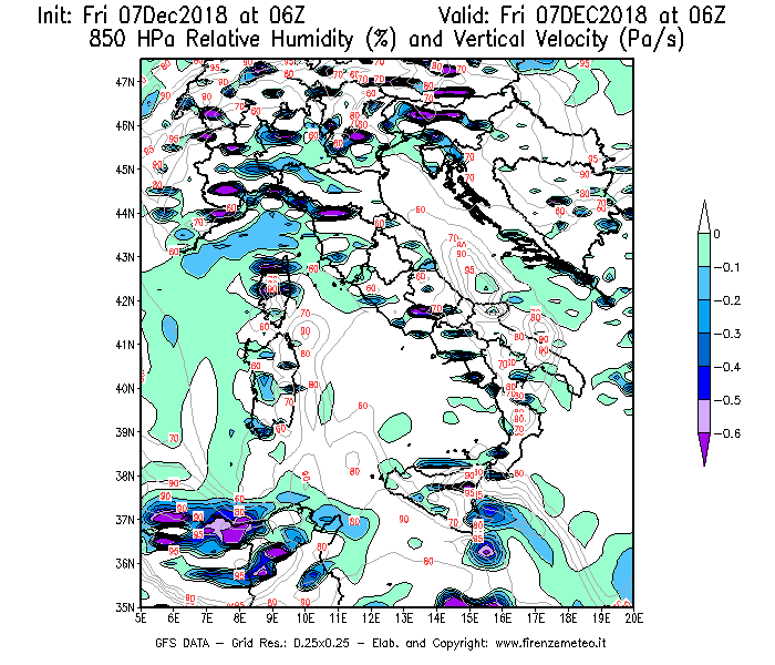 Mappa di analisi GFS - Umidità relativa [%] e Omega [Pa/s] a 850 hPa in Italia
							del 07/12/2018 06 <!--googleoff: index-->UTC<!--googleon: index-->