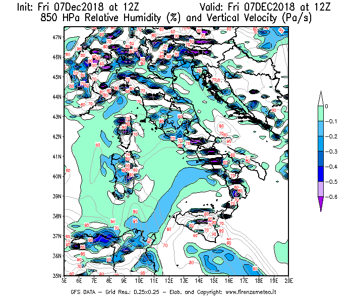 Mappa di analisi GFS - Umidità relativa [%] e Omega [Pa/s] a 850 hPa in Italia
							del 07/12/2018 12 <!--googleoff: index-->UTC<!--googleon: index-->