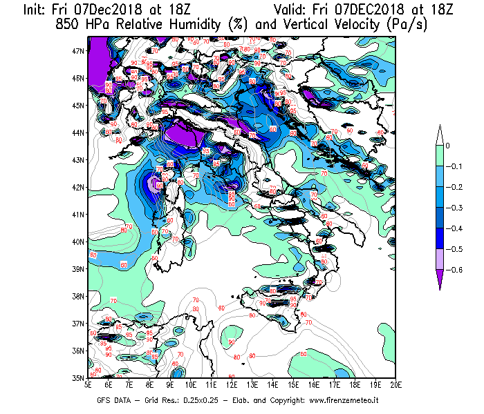 Mappa di analisi GFS - Umidità relativa [%] e Omega [Pa/s] a 850 hPa in Italia
							del 07/12/2018 18 <!--googleoff: index-->UTC<!--googleon: index-->