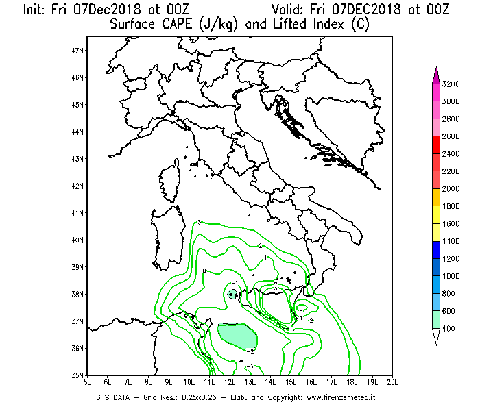 Mappa di analisi GFS - CAPE [J/kg] e Lifted Index [°C] in Italia
							del 07/12/2018 00 <!--googleoff: index-->UTC<!--googleon: index-->
