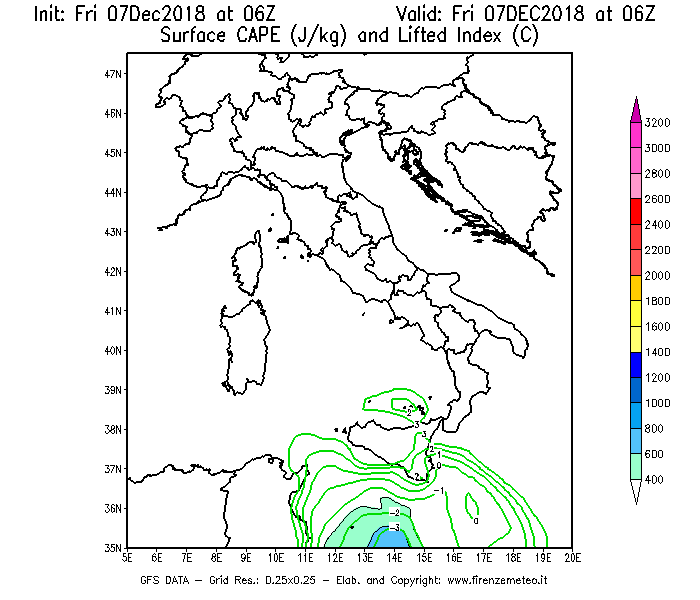 Mappa di analisi GFS - CAPE [J/kg] e Lifted Index [°C] in Italia
							del 07/12/2018 06 <!--googleoff: index-->UTC<!--googleon: index-->