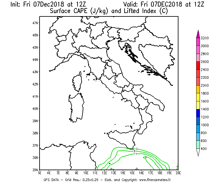 Mappa di analisi GFS - CAPE [J/kg] e Lifted Index [°C] in Italia
							del 07/12/2018 12 <!--googleoff: index-->UTC<!--googleon: index-->