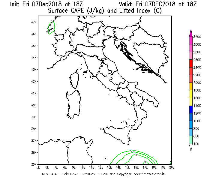 Mappa di analisi GFS - CAPE [J/kg] e Lifted Index [°C] in Italia
							del 07/12/2018 18 <!--googleoff: index-->UTC<!--googleon: index-->