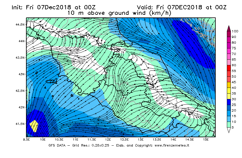 Mappa di analisi GFS - Velocità del vento a 10 metri dal suolo [km/h] in Centro-Italia
							del 07/12/2018 00 <!--googleoff: index-->UTC<!--googleon: index-->