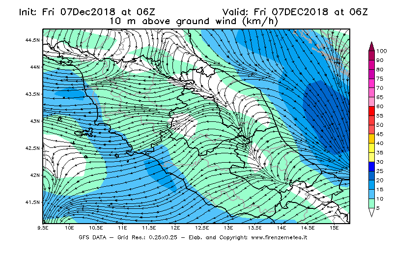 Mappa di analisi GFS - Velocità del vento a 10 metri dal suolo [km/h] in Centro-Italia
							del 07/12/2018 06 <!--googleoff: index-->UTC<!--googleon: index-->