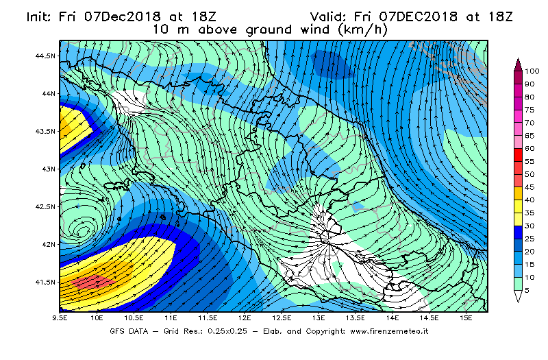 Mappa di analisi GFS - Velocità del vento a 10 metri dal suolo [km/h] in Centro-Italia
							del 07/12/2018 18 <!--googleoff: index-->UTC<!--googleon: index-->