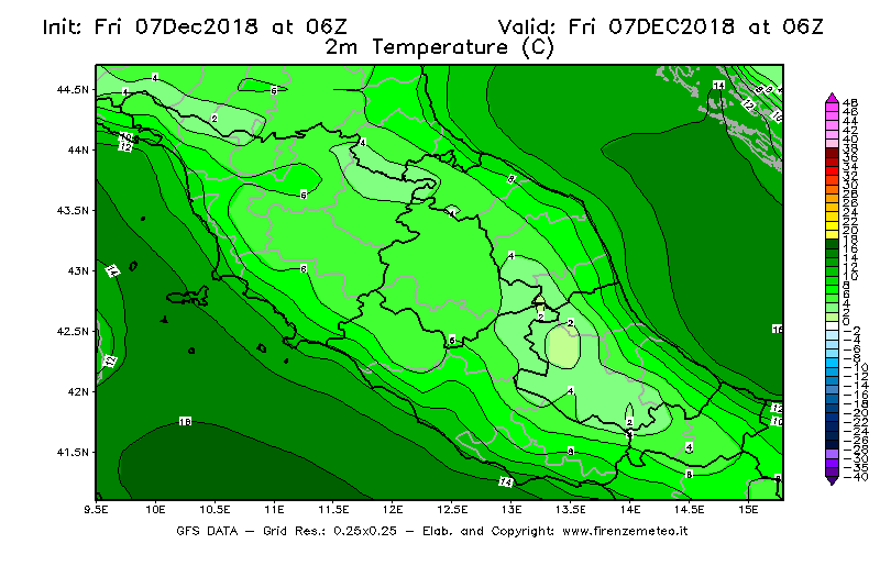 Mappa di analisi GFS - Temperatura a 2 metri dal suolo [°C] in Centro-Italia
							del 07/12/2018 06 <!--googleoff: index-->UTC<!--googleon: index-->