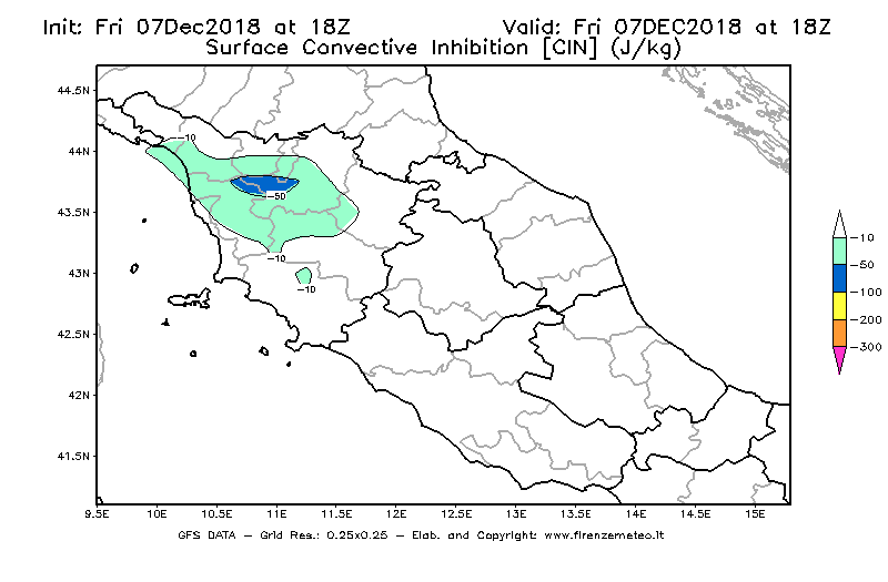Mappa di analisi GFS - CIN [J/kg] in Centro-Italia
							del 07/12/2018 18 <!--googleoff: index-->UTC<!--googleon: index-->