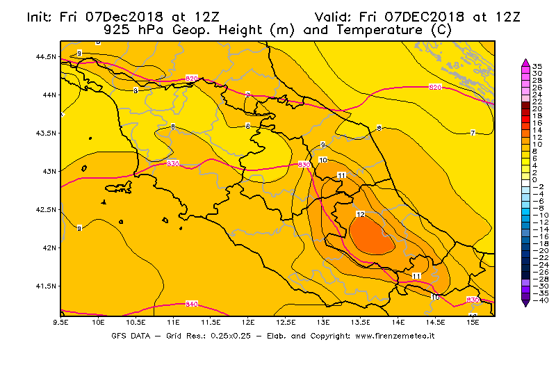 Mappa di analisi GFS - Geopotenziale [m] e Temperatura [°C] a 925 hPa in Centro-Italia
							del 07/12/2018 12 <!--googleoff: index-->UTC<!--googleon: index-->