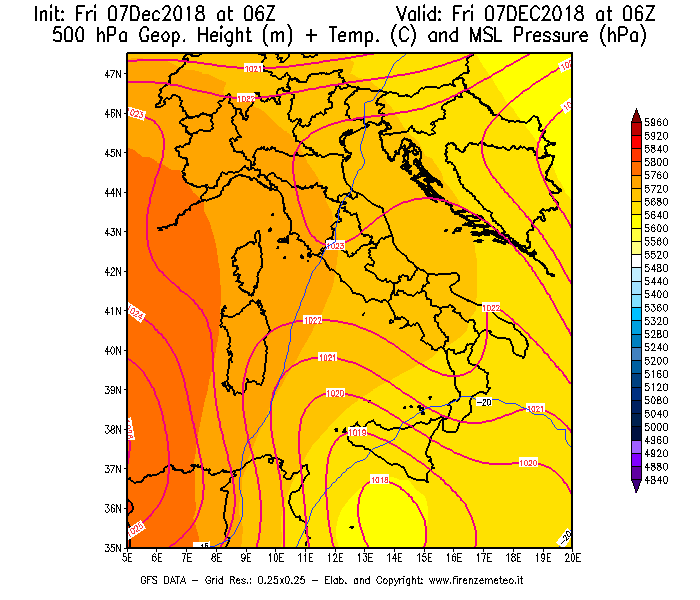 Mappa di analisi GFS - Geopotenziale [m] + Temp. [°C] a 500 hPa + Press. a livello del mare [hPa] in Italia
							del 07/12/2018 06 <!--googleoff: index-->UTC<!--googleon: index-->