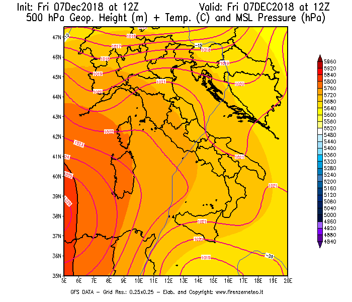 Mappa di analisi GFS - Geopotenziale [m] + Temp. [°C] a 500 hPa + Press. a livello del mare [hPa] in Italia
							del 07/12/2018 12 <!--googleoff: index-->UTC<!--googleon: index-->