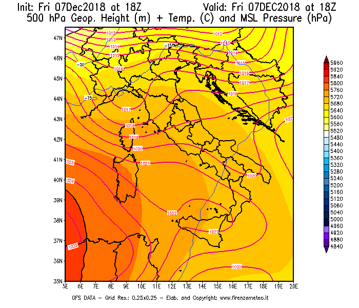 Mappa di analisi GFS - Geopotenziale [m] + Temp. [°C] a 500 hPa + Press. a livello del mare [hPa] in Italia
							del 07/12/2018 18 <!--googleoff: index-->UTC<!--googleon: index-->