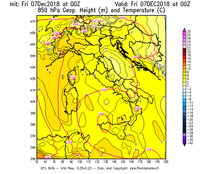 Mappa di analisi GFS - Geopotenziale [m] e Temperatura [°C] a 850 hPa in Italia
							del 07/12/2018 00 <!--googleoff: index-->UTC<!--googleon: index-->