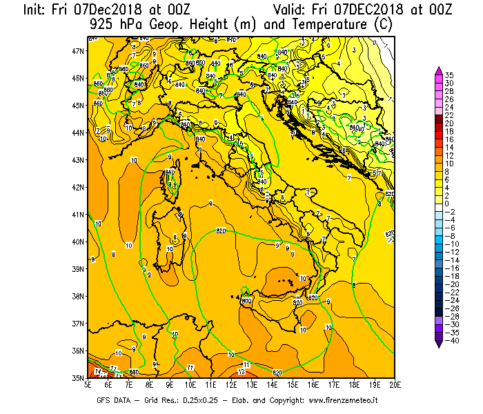 Mappa di analisi GFS - Geopotenziale [m] e Temperatura [°C] a 925 hPa in Italia
							del 07/12/2018 00 <!--googleoff: index-->UTC<!--googleon: index-->