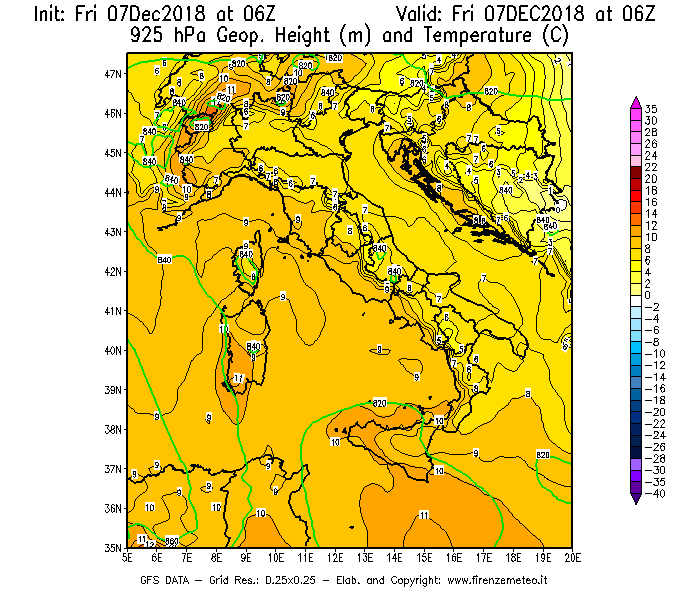Mappa di analisi GFS - Geopotenziale [m] e Temperatura [°C] a 925 hPa in Italia
							del 07/12/2018 06 <!--googleoff: index-->UTC<!--googleon: index-->