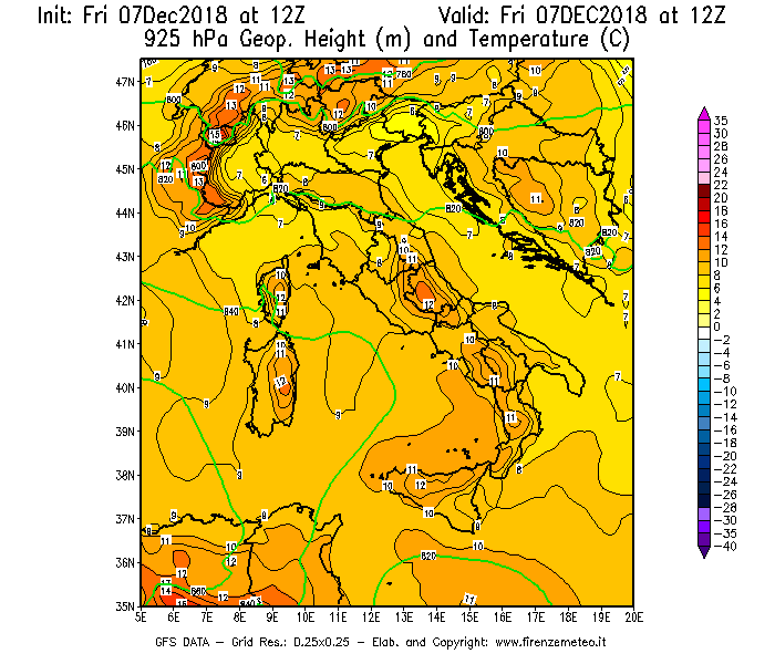 Mappa di analisi GFS - Geopotenziale [m] e Temperatura [°C] a 925 hPa in Italia
							del 07/12/2018 12 <!--googleoff: index-->UTC<!--googleon: index-->