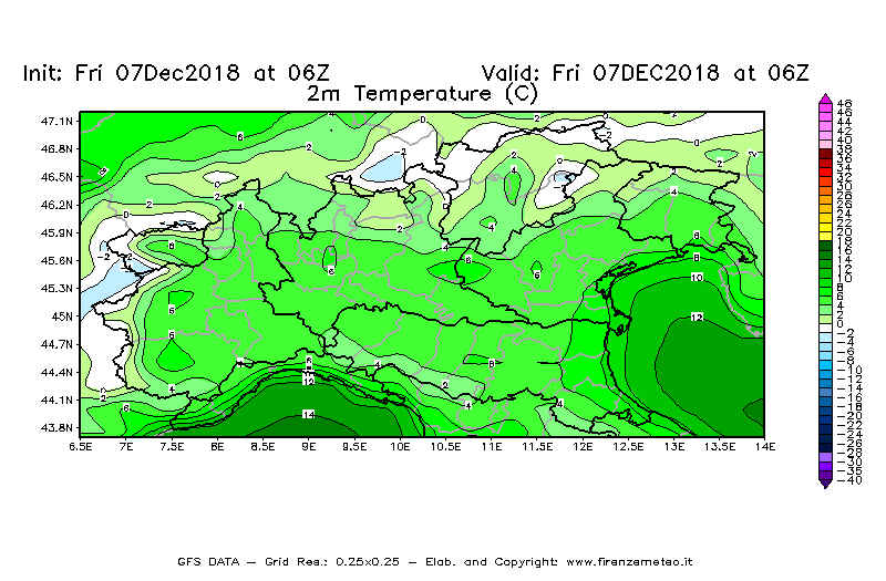 Mappa di analisi GFS - Temperatura a 2 metri dal suolo [°C] in Nord-Italia
							del 07/12/2018 06 <!--googleoff: index-->UTC<!--googleon: index-->