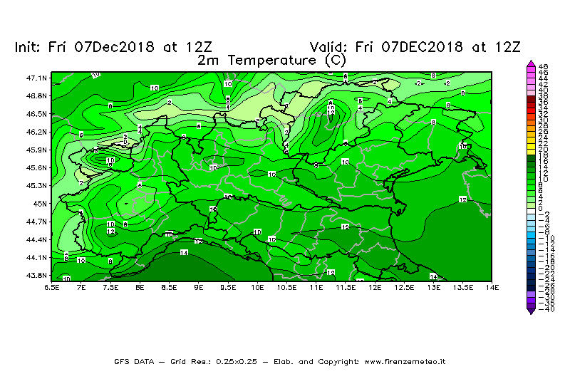 Mappa di analisi GFS - Temperatura a 2 metri dal suolo [°C] in Nord-Italia
							del 07/12/2018 12 <!--googleoff: index-->UTC<!--googleon: index-->