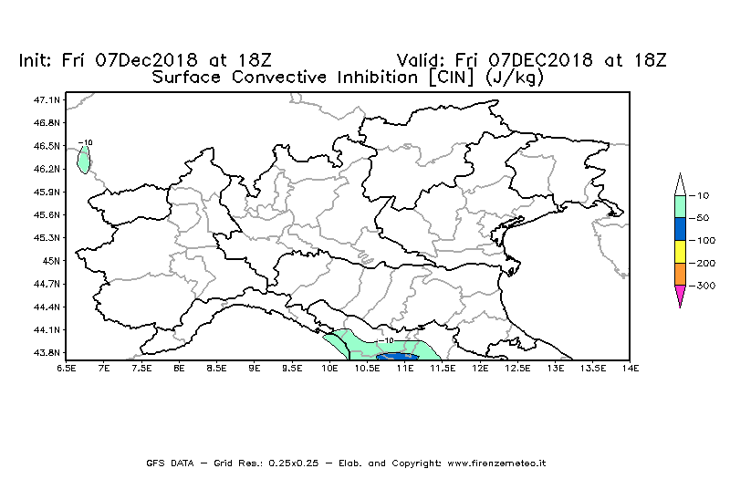 Mappa di analisi GFS - CIN [J/kg] in Nord-Italia
							del 07/12/2018 18 <!--googleoff: index-->UTC<!--googleon: index-->