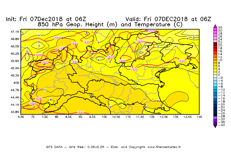 Mappa di analisi GFS - Geopotenziale [m] e Temperatura [°C] a 850 hPa in Nord-Italia
							del 07/12/2018 06 <!--googleoff: index-->UTC<!--googleon: index-->