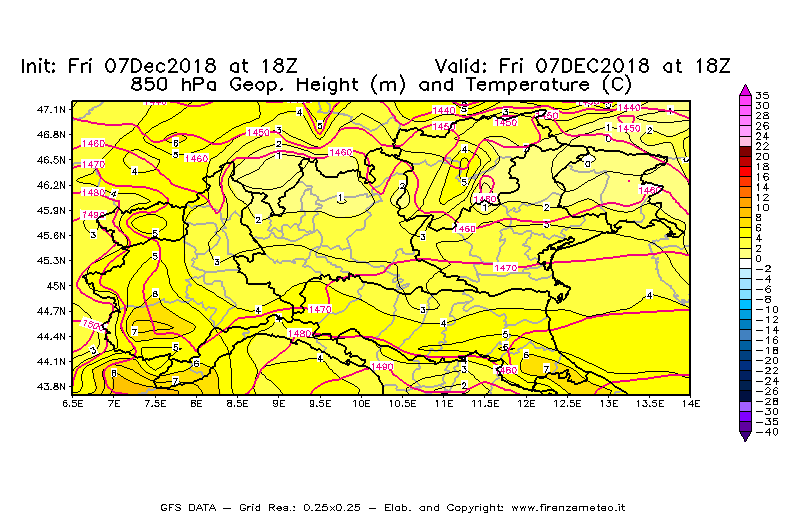 Mappa di analisi GFS - Geopotenziale [m] e Temperatura [°C] a 850 hPa in Nord-Italia
							del 07/12/2018 18 <!--googleoff: index-->UTC<!--googleon: index-->