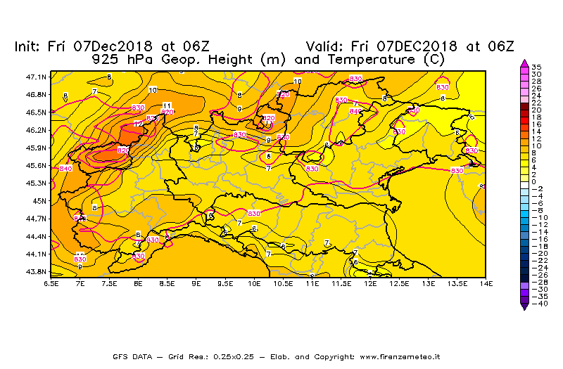 Mappa di analisi GFS - Geopotenziale [m] e Temperatura [°C] a 925 hPa in Nord-Italia
							del 07/12/2018 06 <!--googleoff: index-->UTC<!--googleon: index-->
