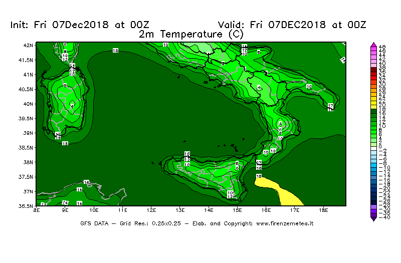 Mappa di analisi GFS - Temperatura a 2 metri dal suolo [°C] in Sud-Italia
							del 07/12/2018 00 <!--googleoff: index-->UTC<!--googleon: index-->