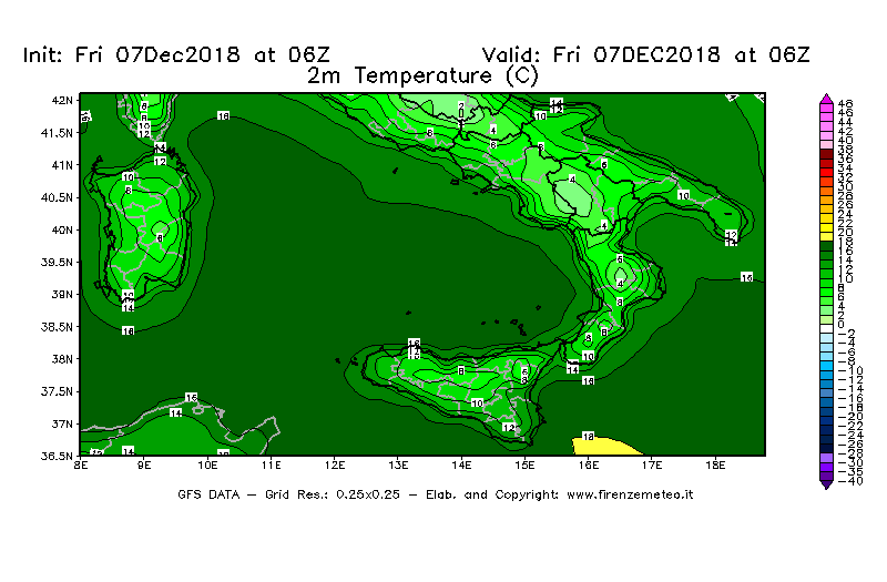 Mappa di analisi GFS - Temperatura a 2 metri dal suolo [°C] in Sud-Italia
							del 07/12/2018 06 <!--googleoff: index-->UTC<!--googleon: index-->