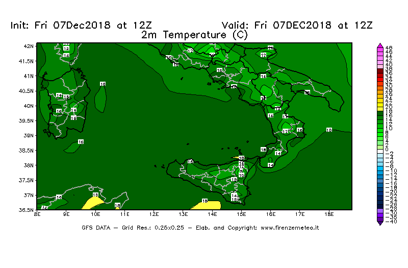 Mappa di analisi GFS - Temperatura a 2 metri dal suolo [°C] in Sud-Italia
							del 07/12/2018 12 <!--googleoff: index-->UTC<!--googleon: index-->