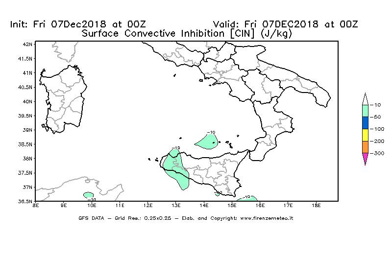 Mappa di analisi GFS - CIN [J/kg] in Sud-Italia
							del 07/12/2018 00 <!--googleoff: index-->UTC<!--googleon: index-->