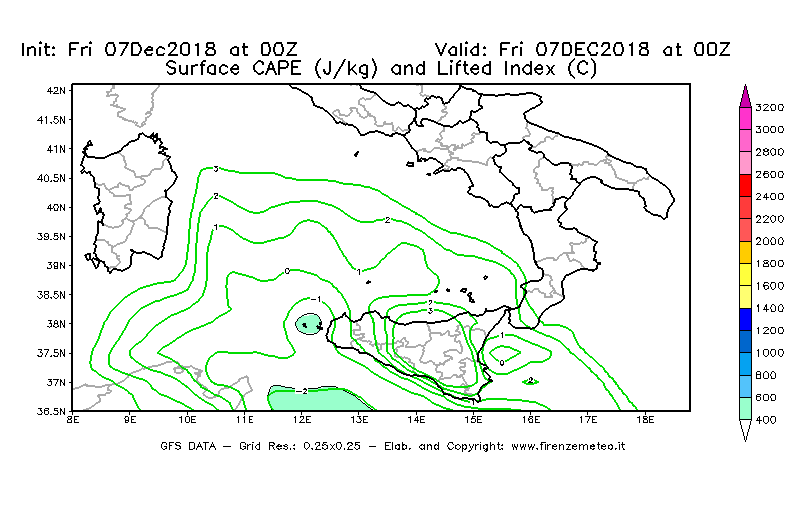 Mappa di analisi GFS - CAPE [J/kg] e Lifted Index [°C] in Sud-Italia
							del 07/12/2018 00 <!--googleoff: index-->UTC<!--googleon: index-->