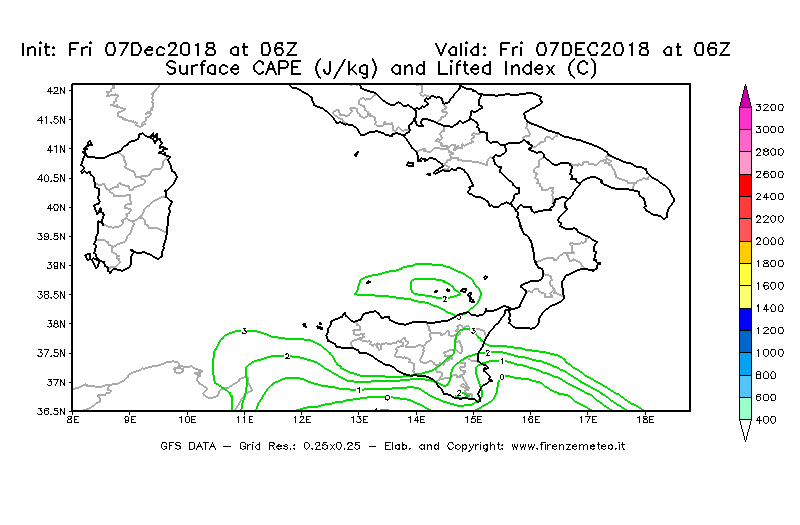 Mappa di analisi GFS - CAPE [J/kg] e Lifted Index [°C] in Sud-Italia
							del 07/12/2018 06 <!--googleoff: index-->UTC<!--googleon: index-->