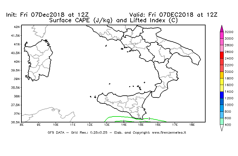 Mappa di analisi GFS - CAPE [J/kg] e Lifted Index [°C] in Sud-Italia
							del 07/12/2018 12 <!--googleoff: index-->UTC<!--googleon: index-->
