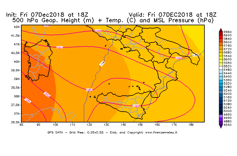 Mappa di analisi GFS - Geopotenziale [m] + Temp. [°C] a 500 hPa + Press. a livello del mare [hPa] in Sud-Italia
							del 07/12/2018 18 <!--googleoff: index-->UTC<!--googleon: index-->