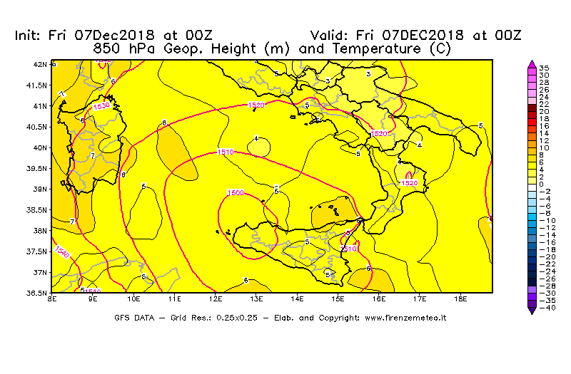 Mappa di analisi GFS - Geopotenziale [m] e Temperatura [°C] a 850 hPa in Sud-Italia
							del 07/12/2018 00 <!--googleoff: index-->UTC<!--googleon: index-->