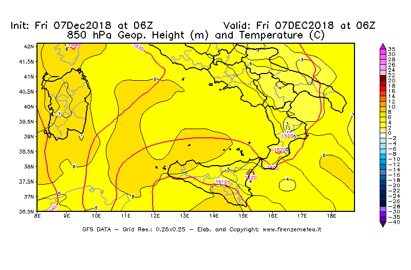 Mappa di analisi GFS - Geopotenziale [m] e Temperatura [°C] a 850 hPa in Sud-Italia
							del 07/12/2018 06 <!--googleoff: index-->UTC<!--googleon: index-->