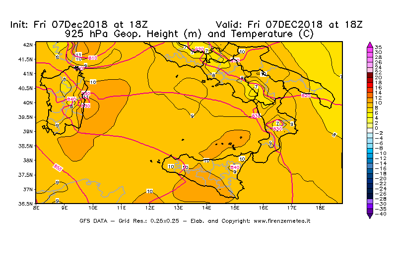 Mappa di analisi GFS - Geopotenziale [m] e Temperatura [°C] a 925 hPa in Sud-Italia
							del 07/12/2018 18 <!--googleoff: index-->UTC<!--googleon: index-->