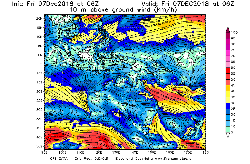 Mappa di analisi GFS - Velocità del vento a 10 metri dal suolo [km/h] in Oceania
							del 07/12/2018 06 <!--googleoff: index-->UTC<!--googleon: index-->