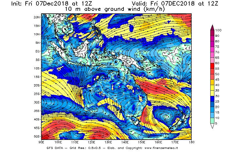 Mappa di analisi GFS - Velocità del vento a 10 metri dal suolo [km/h] in Oceania
							del 07/12/2018 12 <!--googleoff: index-->UTC<!--googleon: index-->