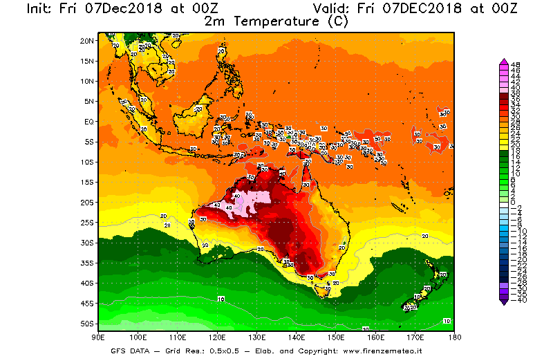 Mappa di analisi GFS - Temperatura a 2 metri dal suolo [°C] in Oceania
							del 07/12/2018 00 <!--googleoff: index-->UTC<!--googleon: index-->