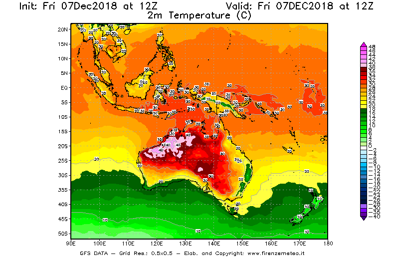 Mappa di analisi GFS - Temperatura a 2 metri dal suolo [°C] in Oceania
							del 07/12/2018 12 <!--googleoff: index-->UTC<!--googleon: index-->
