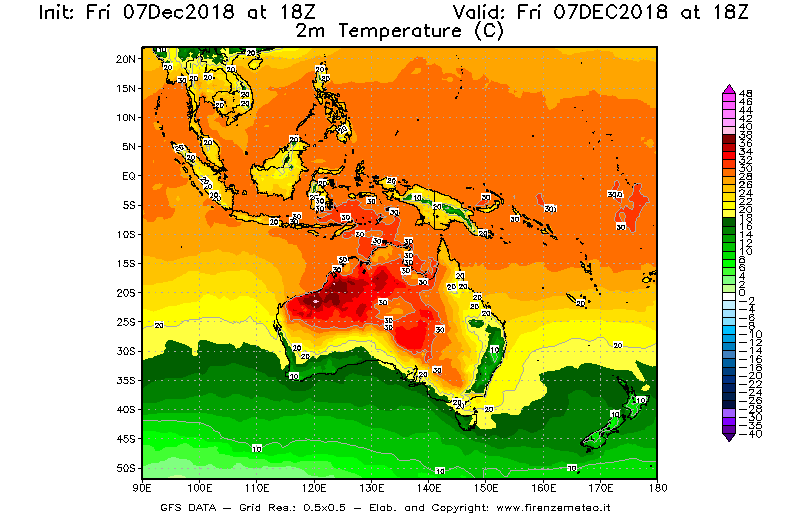 Mappa di analisi GFS - Temperatura a 2 metri dal suolo [°C] in Oceania
							del 07/12/2018 18 <!--googleoff: index-->UTC<!--googleon: index-->