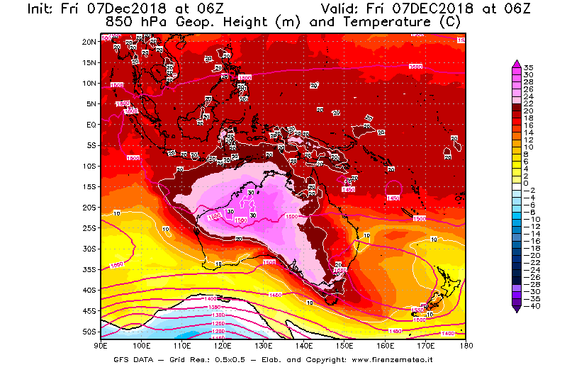 Mappa di analisi GFS - Geopotenziale [m] e Temperatura [°C] a 850 hPa in Oceania
							del 07/12/2018 06 <!--googleoff: index-->UTC<!--googleon: index-->