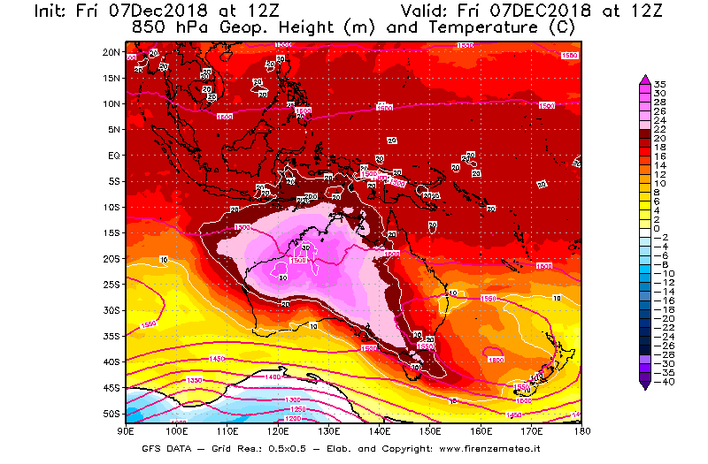 Mappa di analisi GFS - Geopotenziale [m] e Temperatura [°C] a 850 hPa in Oceania
							del 07/12/2018 12 <!--googleoff: index-->UTC<!--googleon: index-->