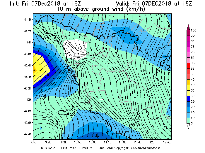 Mappa di analisi GFS - Velocità del vento a 10 metri dal suolo [km/h] in Toscana
							del 07/12/2018 18 <!--googleoff: index-->UTC<!--googleon: index-->