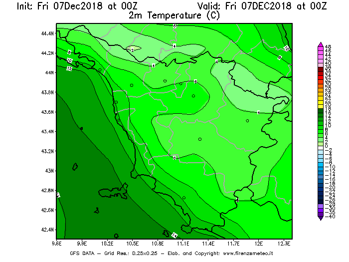 Mappa di analisi GFS - Temperatura a 2 metri dal suolo [°C] in Toscana
							del 07/12/2018 00 <!--googleoff: index-->UTC<!--googleon: index-->