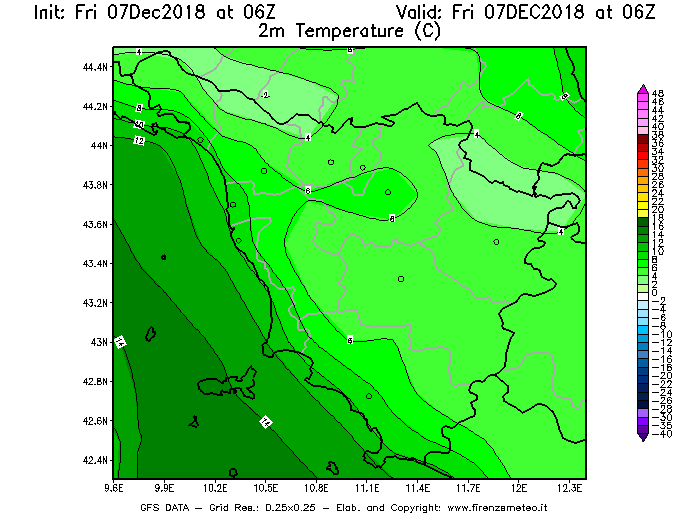 Mappa di analisi GFS - Temperatura a 2 metri dal suolo [°C] in Toscana
							del 07/12/2018 06 <!--googleoff: index-->UTC<!--googleon: index-->
