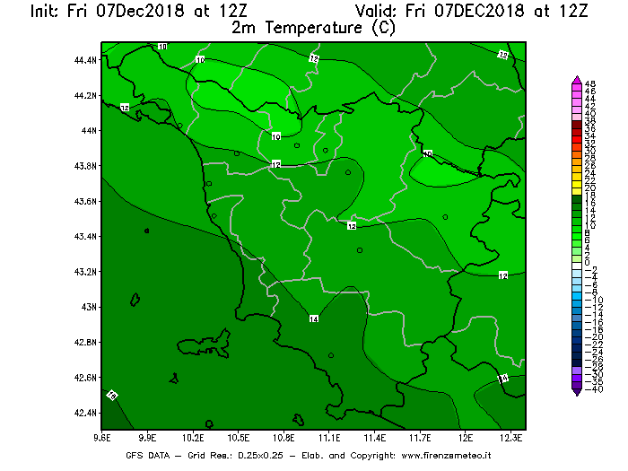 Mappa di analisi GFS - Temperatura a 2 metri dal suolo [°C] in Toscana
							del 07/12/2018 12 <!--googleoff: index-->UTC<!--googleon: index-->